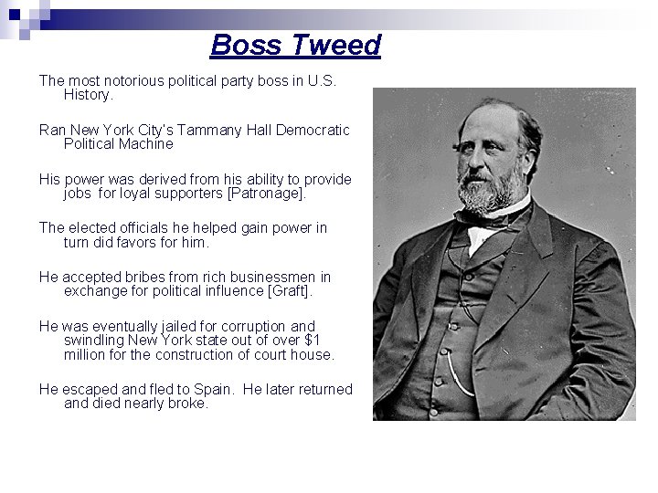 Boss Tweed The most notorious political party boss in U. S. History. Ran New