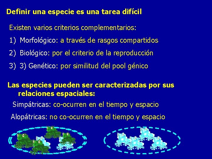 Definir una especie es una tarea difícil Existen varios criterios complementarios: 1) Morfológico: a