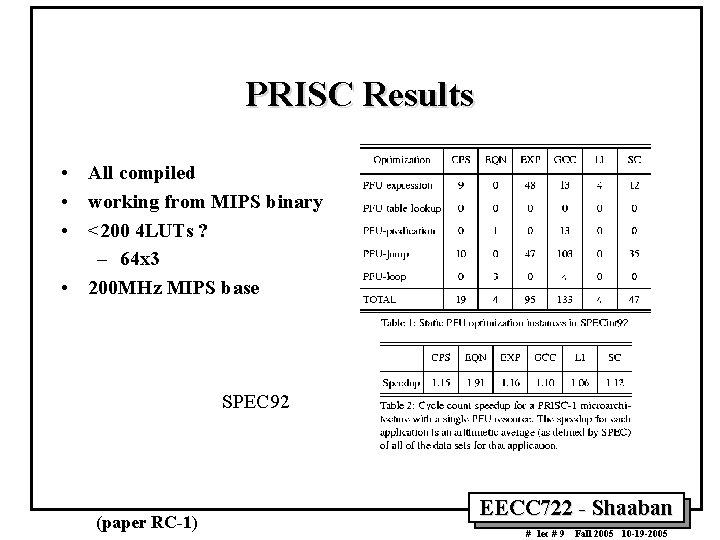 PRISC Results • All compiled • working from MIPS binary • <200 4 LUTs