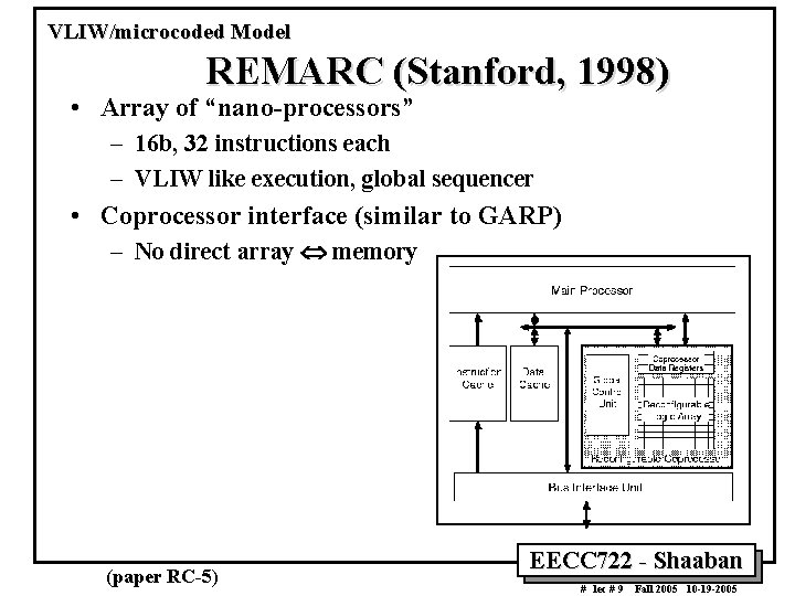 VLIW/microcoded Model REMARC (Stanford, 1998) • Array of “nano-processors” – 16 b, 32 instructions