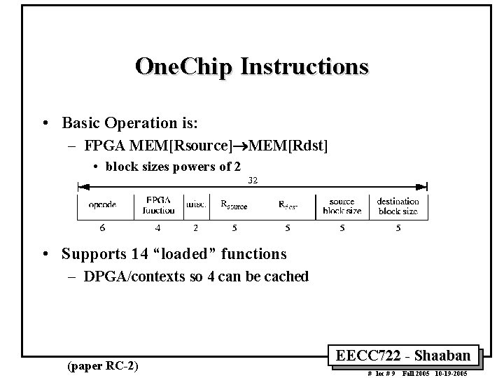 One. Chip Instructions • Basic Operation is: – FPGA MEM[Rsource] MEM[Rdst] • block sizes