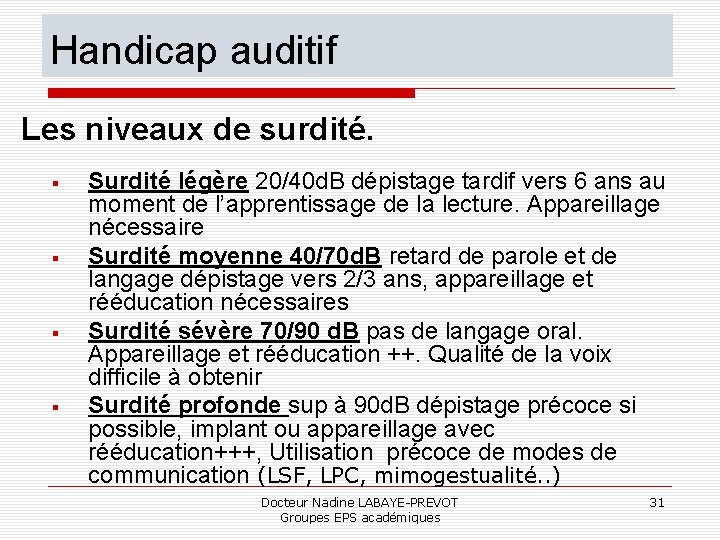 Handicap auditif Les niveaux de surdité. Surdité légère 20/40 d. B dépistage tardif vers