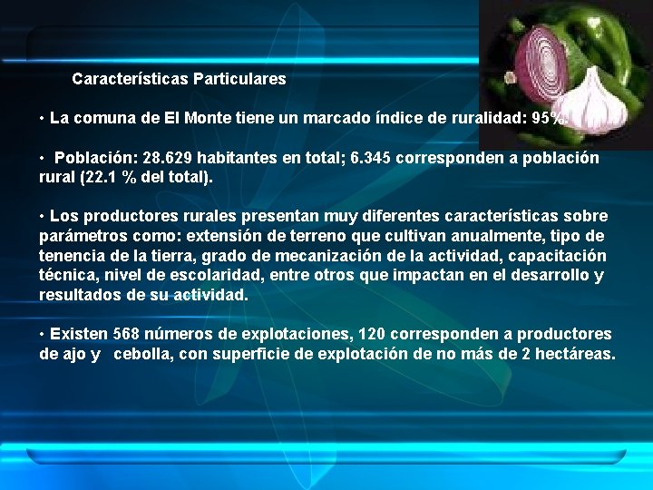 Características Particulares • La comuna de El Monte tiene un marcado índice de ruralidad: