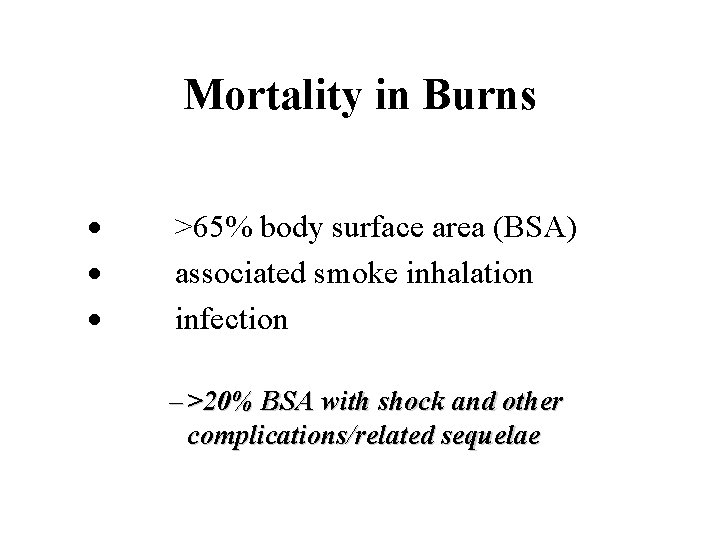 Mortality in Burns · >65% body surface area (BSA) · associated smoke inhalation ·