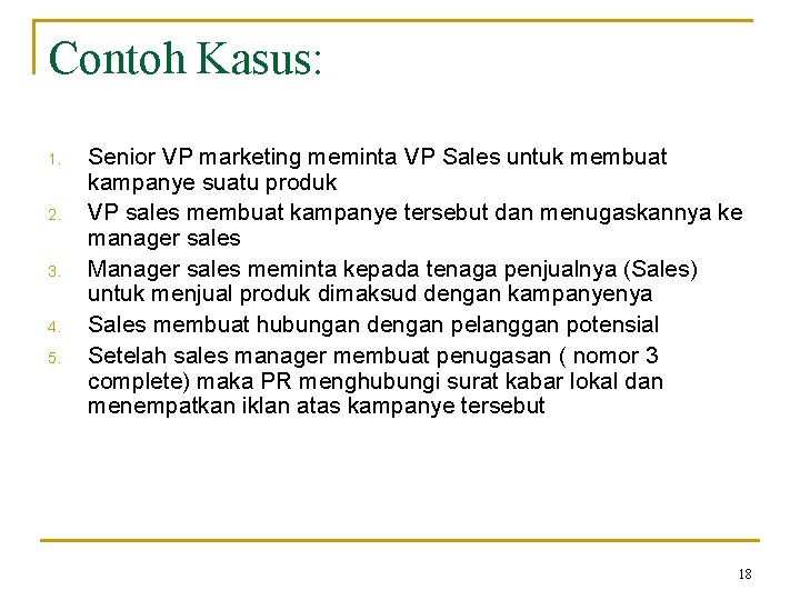 Contoh Kasus: 1. 2. 3. 4. 5. Senior VP marketing meminta VP Sales untuk