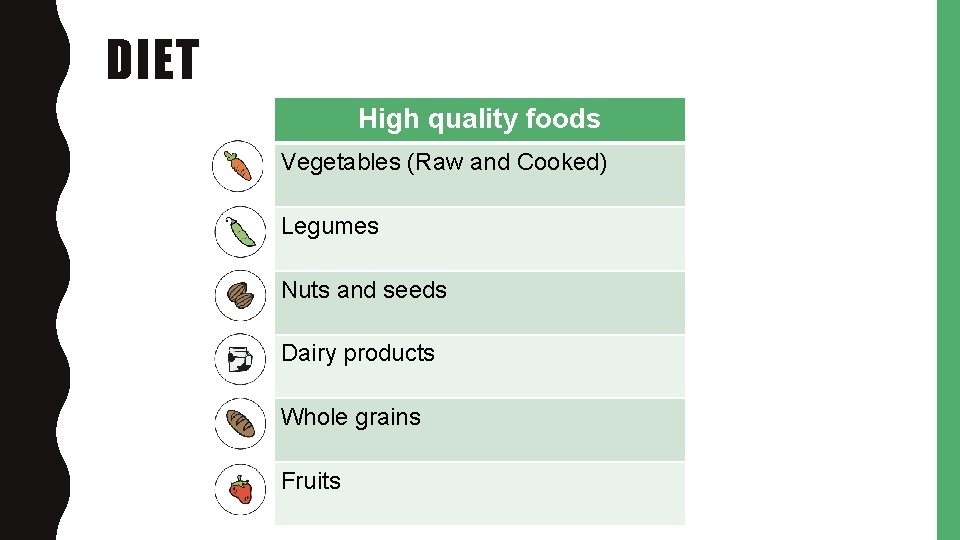 DIET High quality foods Vegetables (Raw and Cooked) Legumes Nuts and seeds Dairy products