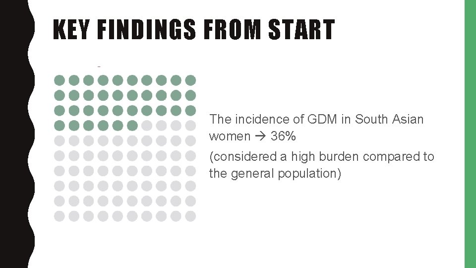 KEY FINDINGS FROM START The incidence of GDM in South Asian women 36% (considered