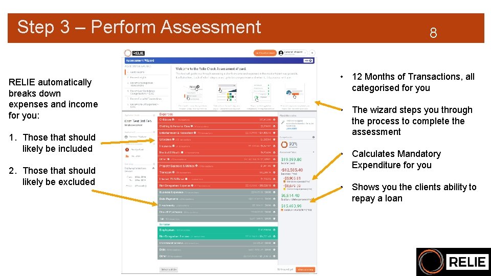 Step 3 – Perform Assessment RELIE automatically breaks down expenses and income for you: