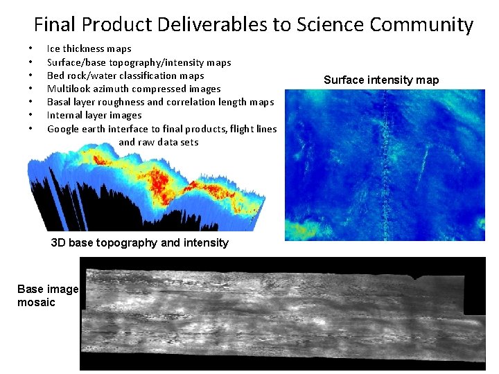 Final Product Deliverables to Science Community • • Ice thickness maps Surface/base topography/intensity maps