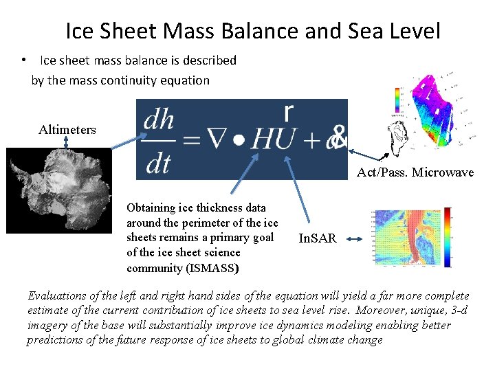 Ice Sheet Mass Balance and Sea Level • Ice sheet mass balance is described