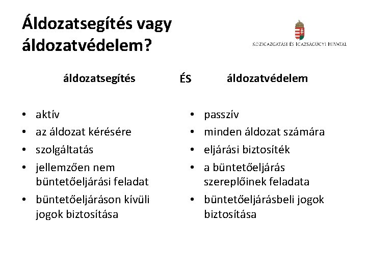 Áldozatsegítés vagy áldozatvédelem? áldozatsegítés aktív az áldozat kérésére szolgáltatás jellemzően nem büntetőeljárási feladat •