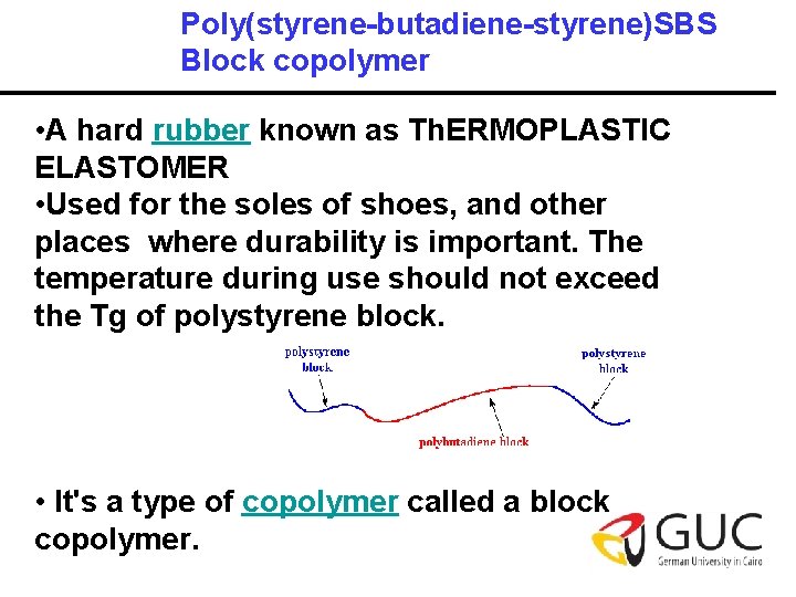 Poly(styrene-butadiene-styrene)SBS Block copolymer • A hard rubber known as Th. ERMOPLASTIC ELASTOMER • Used