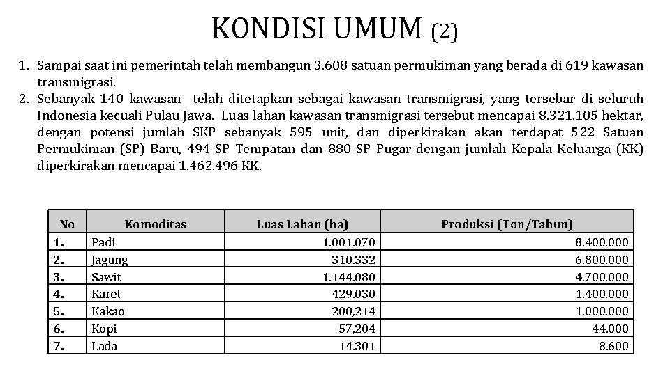 KONDISI UMUM (2) 1. Sampai saat ini pemerintah telah membangun 3. 608 satuan permukiman