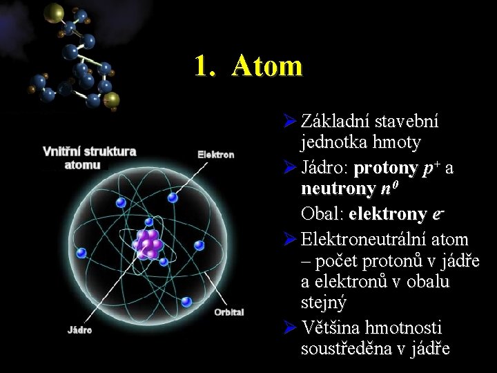 1. Atom Ø Základní stavební jednotka hmoty Ø Jádro: protony p+ a neutrony n