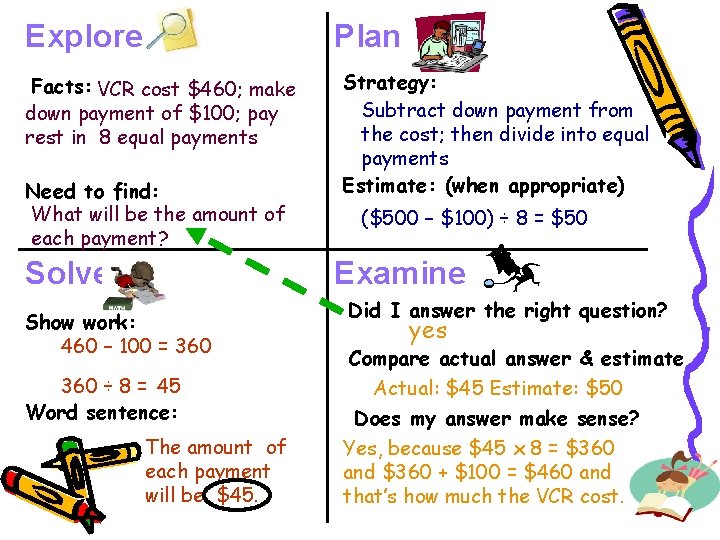 Explore Plan Facts: VCR cost $460; make down payment of $100; pay rest in