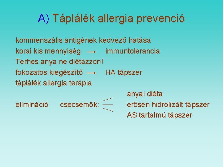 A) Táplálék allergia prevenció kommenszális antigének kedvező hatása korai kis mennyiség immuntolerancia Terhes anya