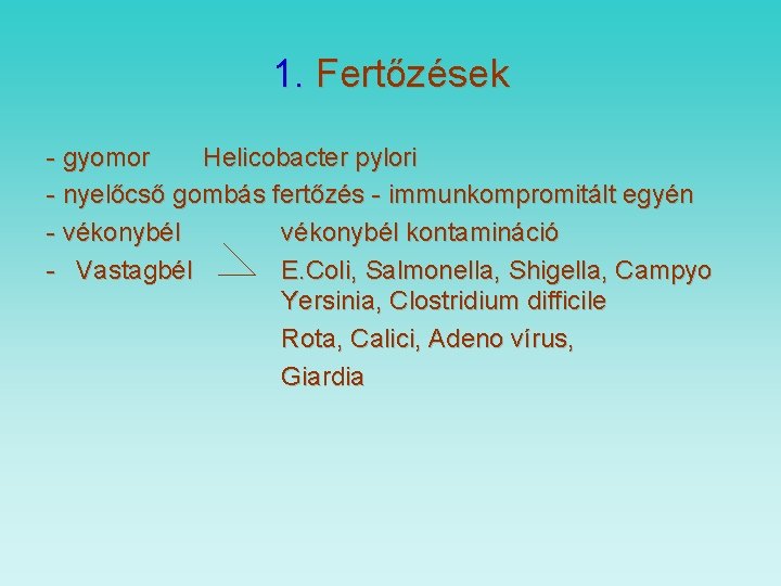 1. Fertőzések - gyomor Helicobacter pylori - nyelőcső gombás fertőzés - immunkompromitált egyén -