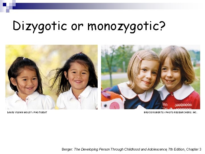 Dizygotic or monozygotic? DAVID YOUNG-WOLFF / PHOTOEDIT BRUCE ROBERTS / PHOTO RESEARCHERS, INC. Berger: