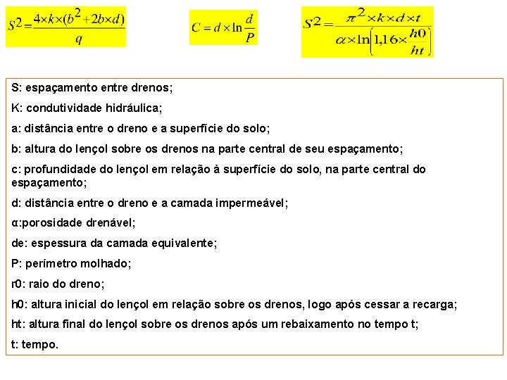 S: espaçamento entre drenos; K: condutividade hidráulica; a: distância entre o dreno e a