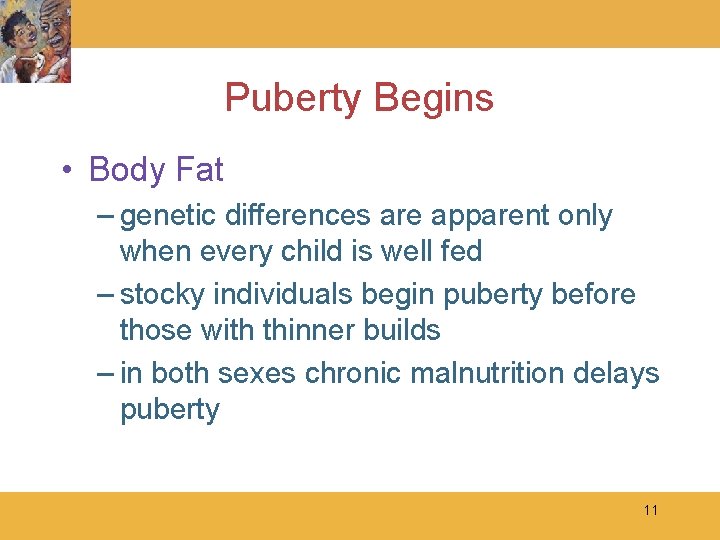 Puberty Begins • Body Fat – genetic differences are apparent only when every child