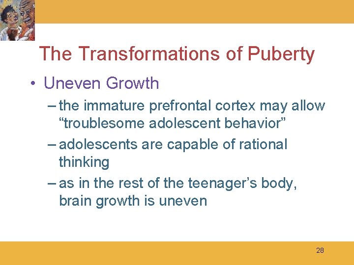 The Transformations of Puberty • Uneven Growth – the immature prefrontal cortex may allow