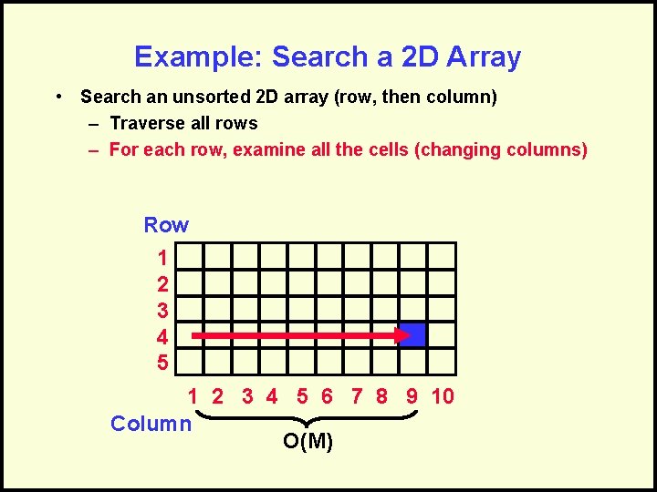 Example: Search a 2 D Array • Search an unsorted 2 D array (row,