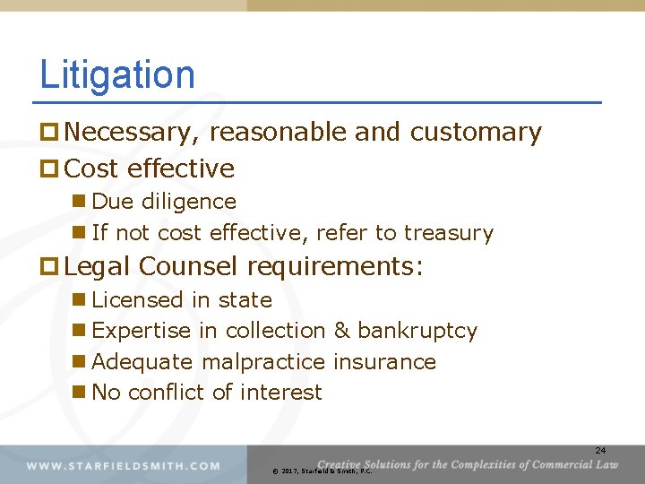 Litigation p Necessary, reasonable and customary p Cost effective n Due diligence n If