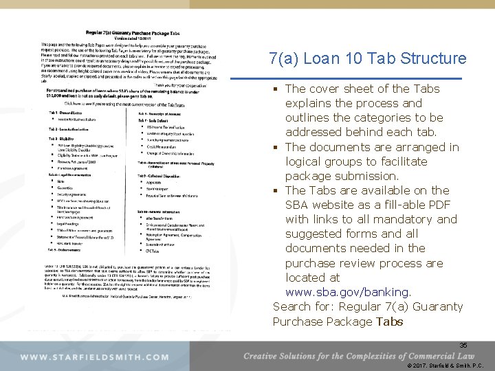 7(a) Loan 10 Tab Structure § The cover sheet of the Tabs explains the