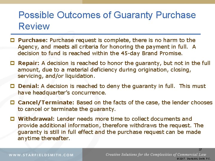 Possible Outcomes of Guaranty Purchase Review p Purchase: Purchase request is complete, there is