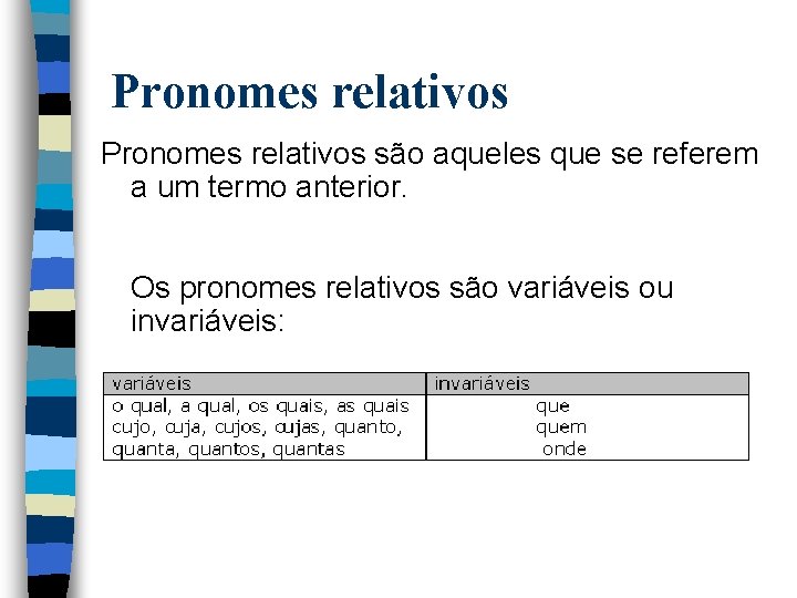 Pronomes relativos são aqueles que se referem a um termo anterior. Os pronomes relativos