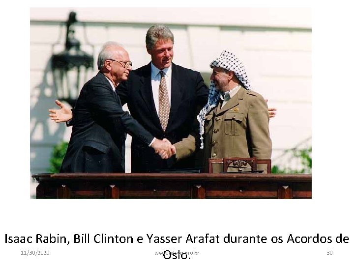 Isaac Rabin, Bill Clinton e Yasser Arafat durante os Acordos de 11/30/2020 www. nilson.