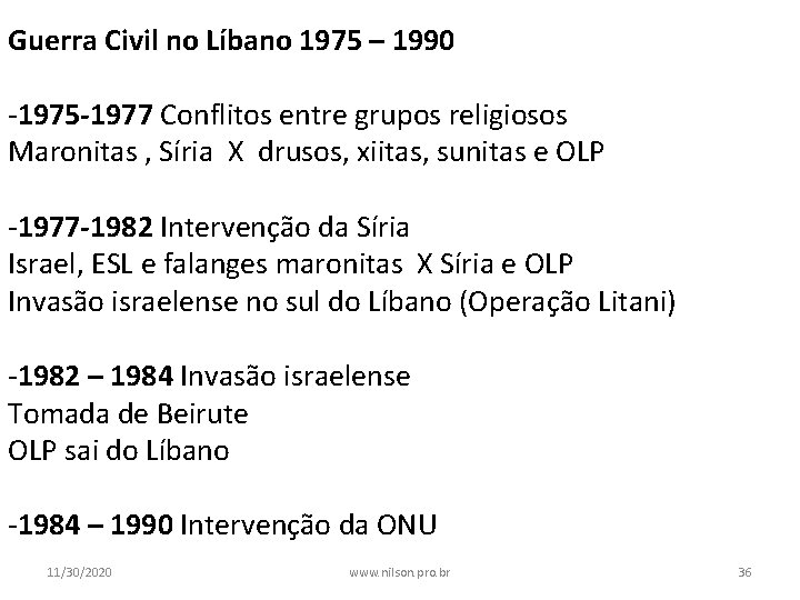 Guerra Civil no Líbano 1975 – 1990 -1975 -1977 Conflitos entre grupos religiosos Maronitas