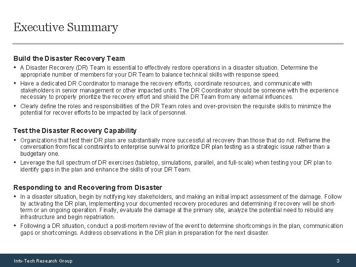 Executive Summary Build the Disaster Recovery Team • A Disaster Recovery (DR) Team is