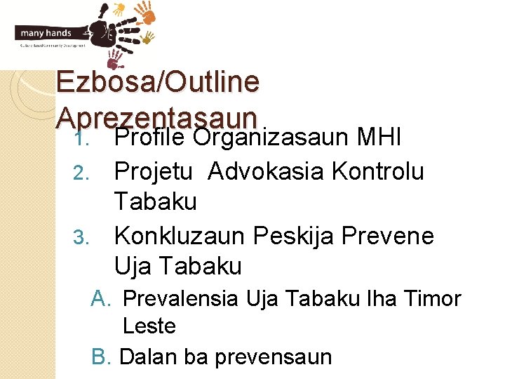 Ezbosa/Outline Aprezentasaun Profile Organizasaun MHI 2. Projetu Advokasia Kontrolu Tabaku 3. Konkluzaun Peskija Prevene