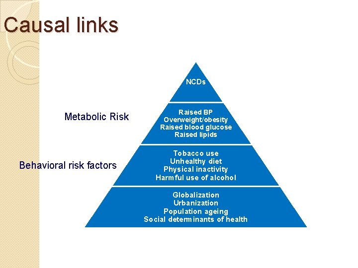 Causal links NCDs Metabolic Risk Behavioral risk factors Raised BP Overweight/obesity Raised blood glucose