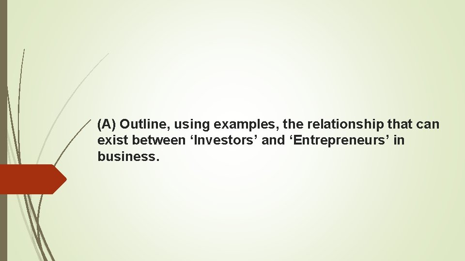 (A) Outline, using examples, the relationship that can exist between ‘Investors’ and ‘Entrepreneurs’ in