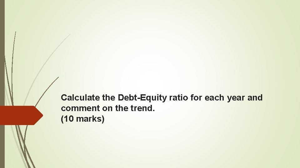 Calculate the Debt-Equity ratio for each year and comment on the trend. (10 marks)