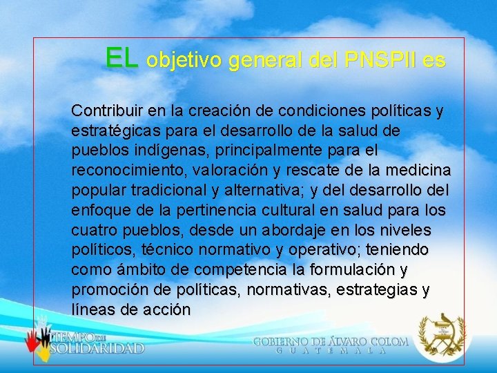 EL objetivo general del PNSPII es Contribuir en la creación de condiciones políticas y