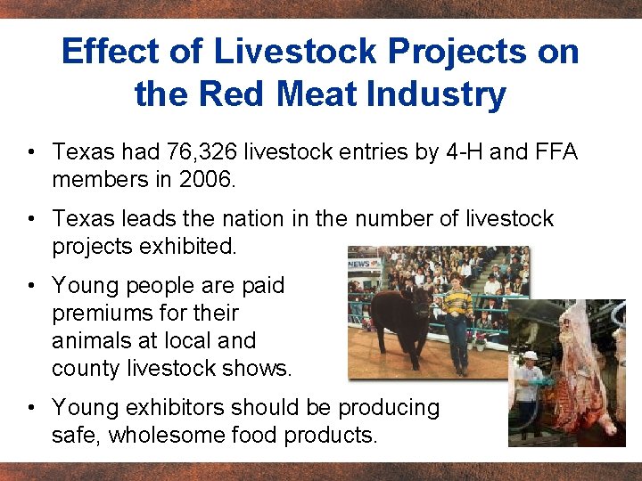 Effect of Livestock Projects on the Red Meat Industry • Texas had 76, 326