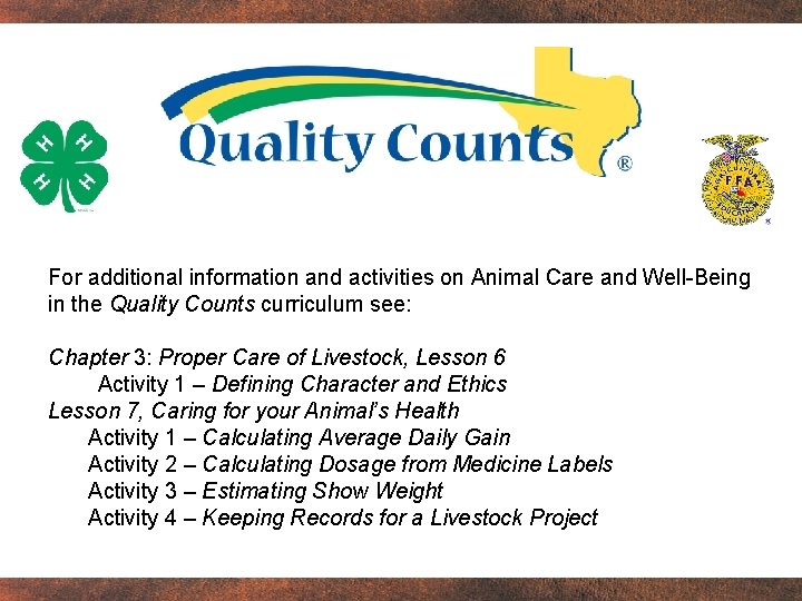 For additional information and activities on Animal Care and Well-Being in the Quality Counts