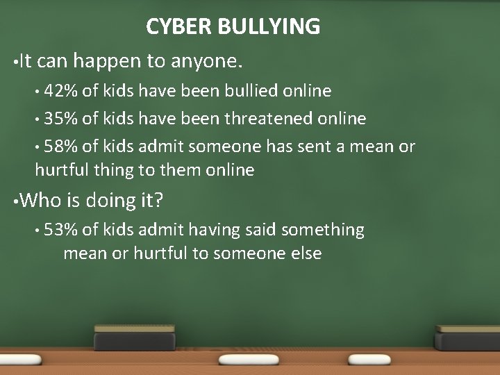 CYBER BULLYING • It can happen to anyone. 42% of kids have been bullied
