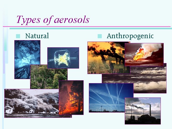 Types of aerosols n Natural n Anthropogenic 
