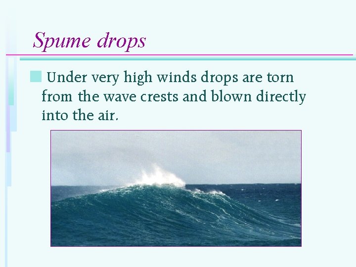 Spume drops n Under very high winds drops are torn from the wave crests