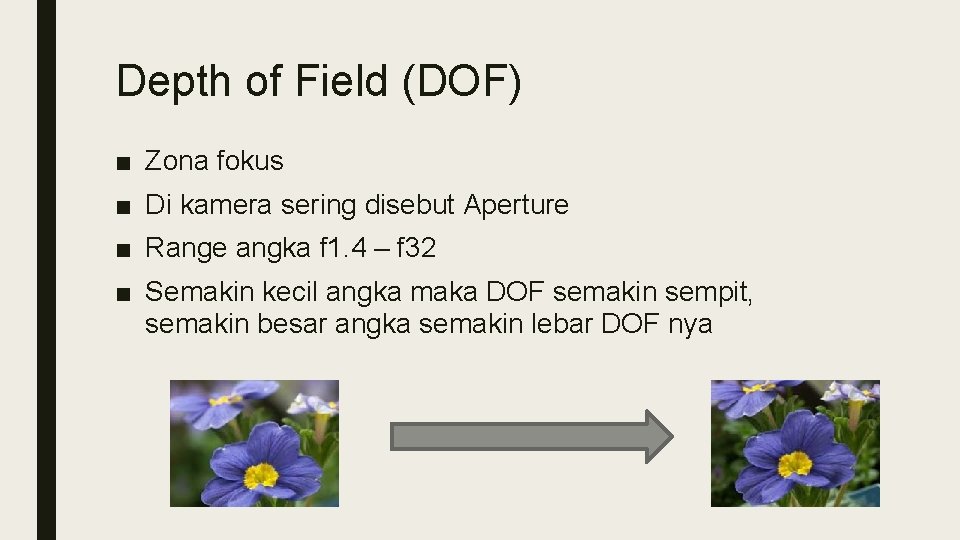 Depth of Field (DOF) ■ Zona fokus ■ Di kamera sering disebut Aperture ■ Depth of Field (DOF) ■ Zona fokus ■ Di kamera sering disebut Aperture ■