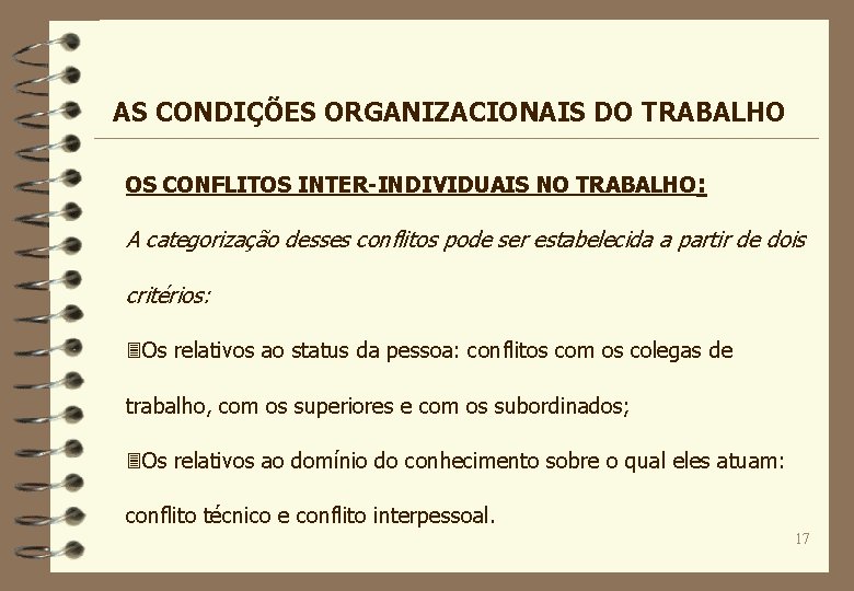 AS CONDIÇÕES ORGANIZACIONAIS DO TRABALHO OS CONFLITOS INTER-INDIVIDUAIS NO TRABALHO: A categorização desses conflitos