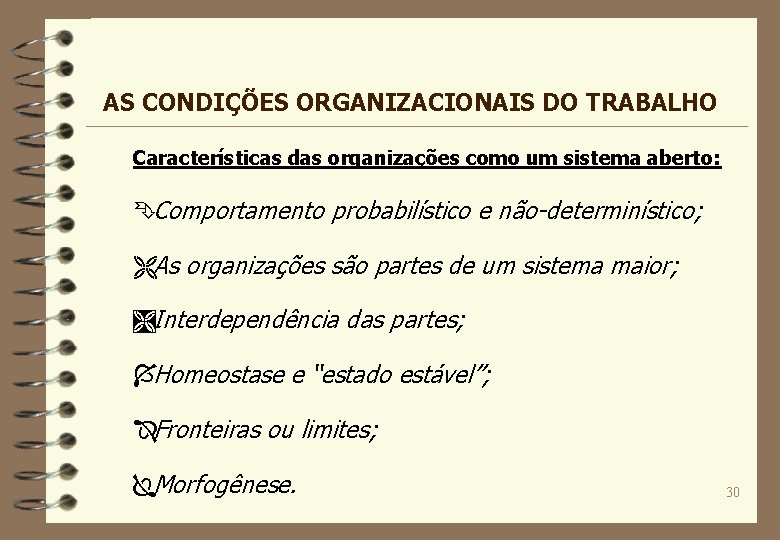 AS CONDIÇÕES ORGANIZACIONAIS DO TRABALHO Características das organizações como um sistema aberto: ÊComportamento probabilístico