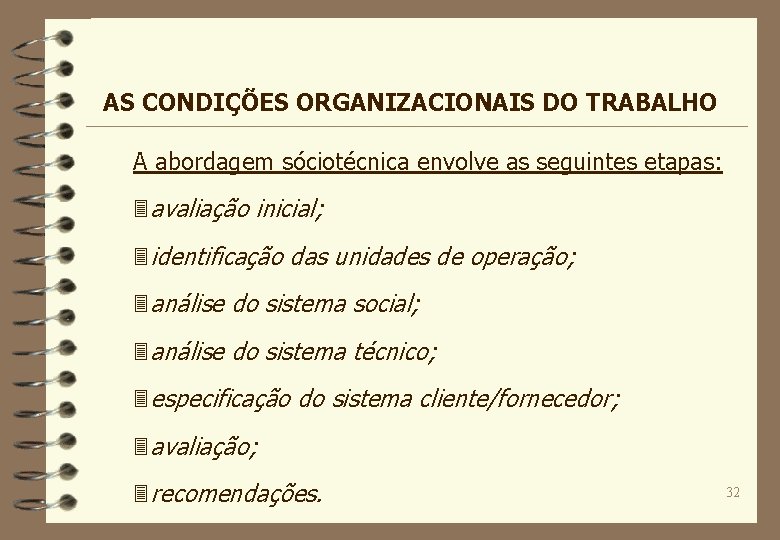 AS CONDIÇÕES ORGANIZACIONAIS DO TRABALHO A abordagem sóciotécnica envolve as seguintes etapas: 3 avaliação