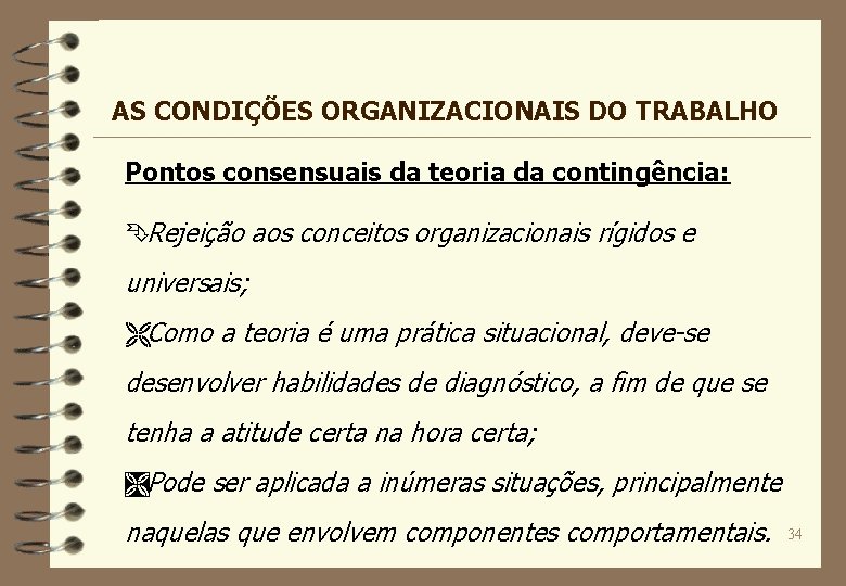 AS CONDIÇÕES ORGANIZACIONAIS DO TRABALHO Pontos consensuais da teoria da contingência: ÊRejeição aos conceitos