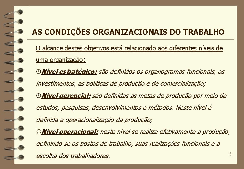 AS CONDIÇÕES ORGANIZACIONAIS DO TRABALHO O alcance destes objetivos está relacionado aos diferentes níveis