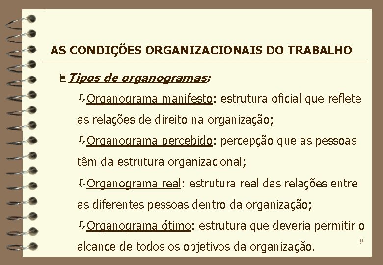 AS CONDIÇÕES ORGANIZACIONAIS DO TRABALHO 3 Tipos de organogramas: òOrganograma manifesto: estrutura oficial que